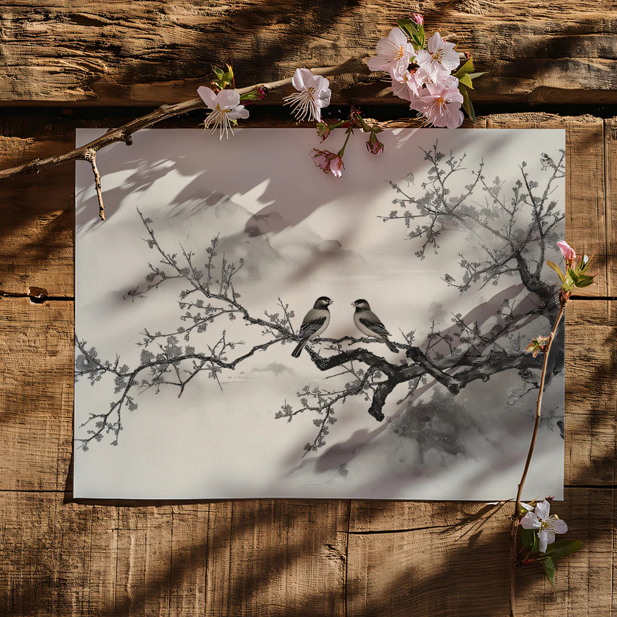 Zen Plum Blossom Mural Wallpaper — Traditional Ink Wash Mountain Art Mural Wallpaper - room preview 03