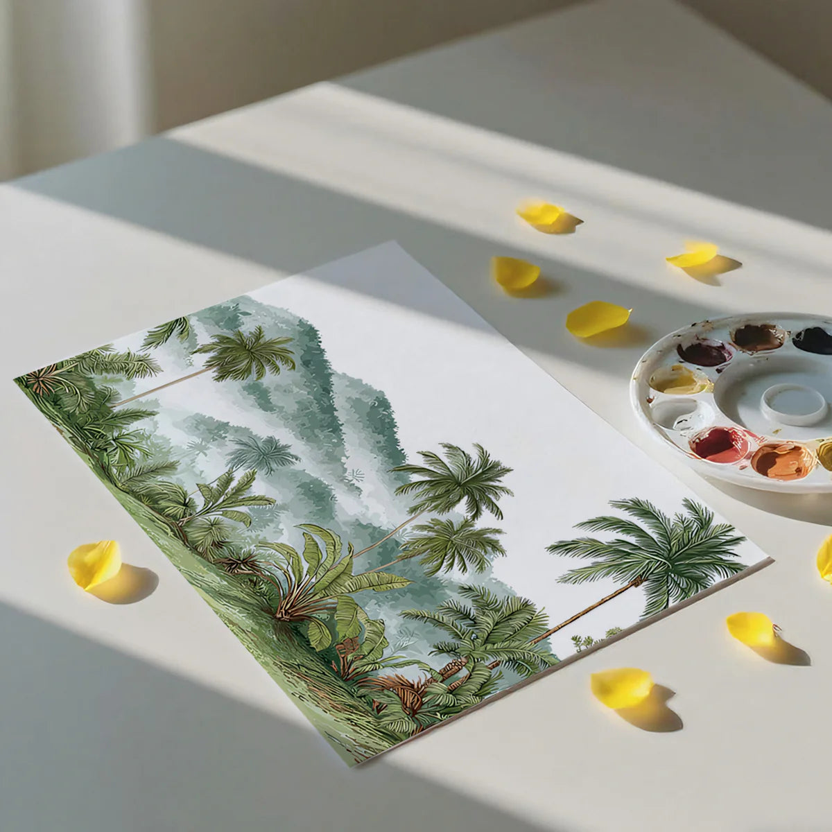 Misty Tropical Mountain Mural Wallpaper — Painterly Palm Design Mural Wallpaper - room preview 03