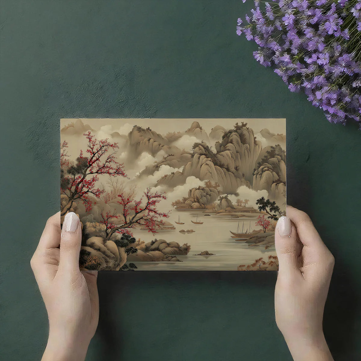 Chinese Landscape Mural Wallpaper with Red Plum Blossom Art Mural Wallpaper - room preview 03