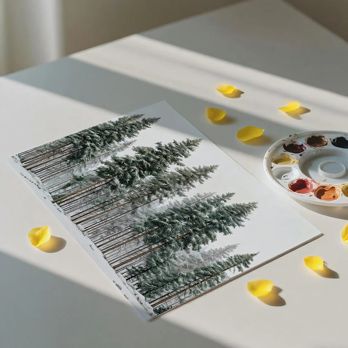 Snowy Pine Forest Mural Wallpaper — Impressionistic Winter Landscape Mural Wallpaper - room preview 03