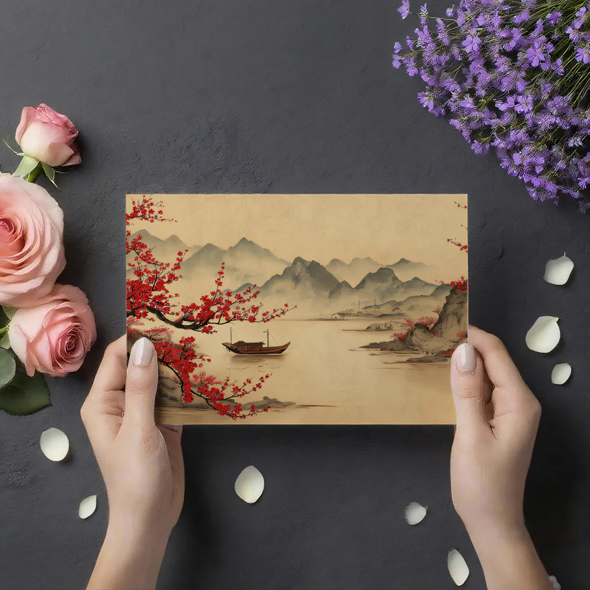Oriental Plum Blossom Landscape Mural Wallpaper — Traditional Art Mural Wallpaper - room preview 03