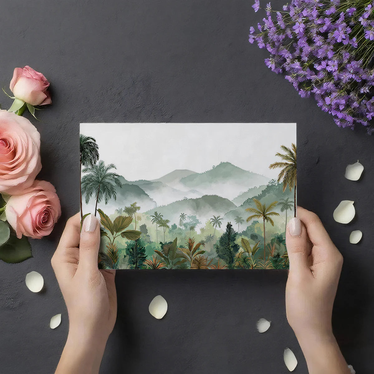 Misty Tropical Mountain Mural Wallpaper — Watercolor Landscape Mural Wallpaper - room preview 03