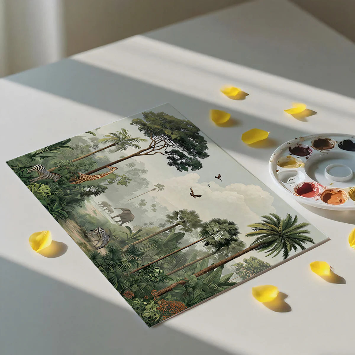Vintage Tropical Safari Mural Wallpaper — Muted Jungle Landscape Mural Wallpaper - room preview 03