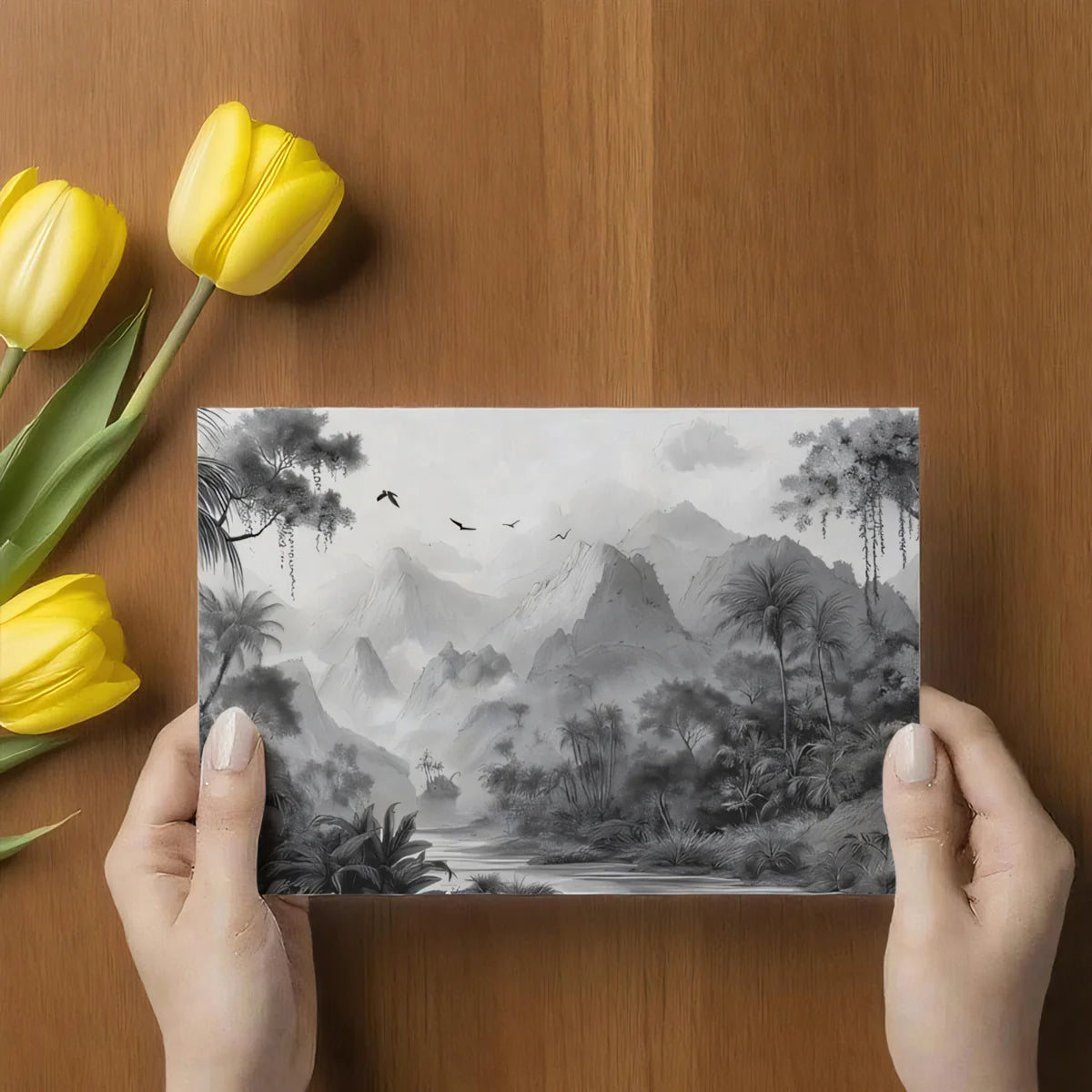 Monochrome Jungle Landscape Mural Wallpaper — Hand-Drawn Scenic Mural Wallpaper - room preview 03