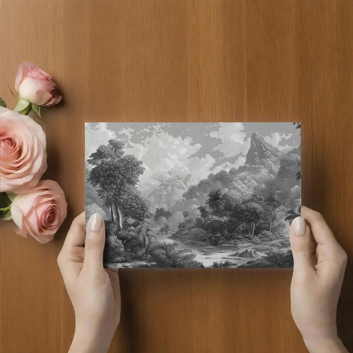 Monochrome Jungle Landscape Mural Wallpaper — Detailed Mountain View Mural Wallpaper - room preview 03