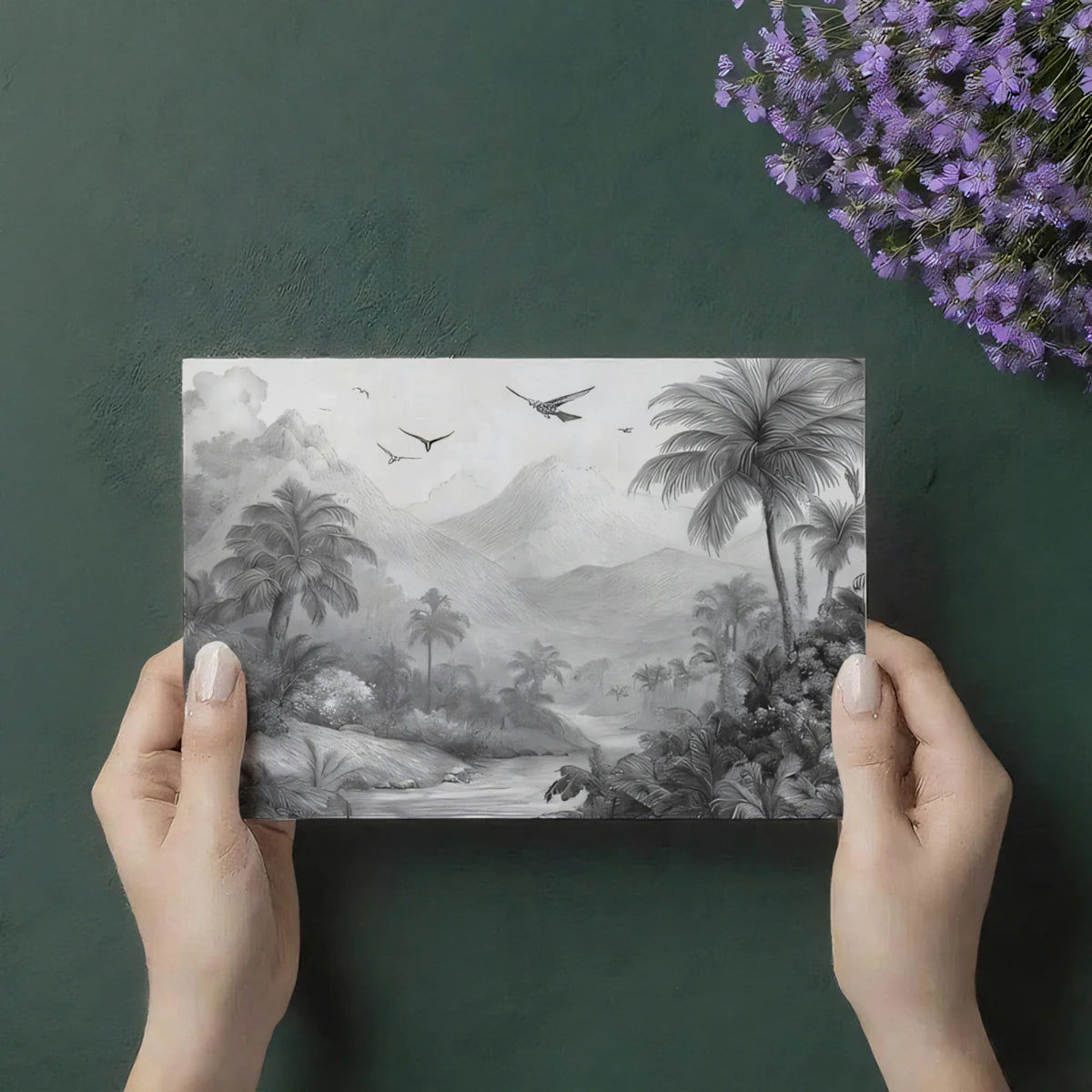 Monochrome Jungle Landscape Mural Wallpaper — Minimalist Sketch Style Mural Wallpaper - room preview 03