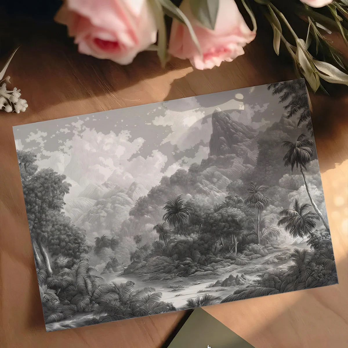 Monochrome Jungle Landscape Mural Wallpaper — Detailed Scenic Art Mural Wallpaper - room preview 03