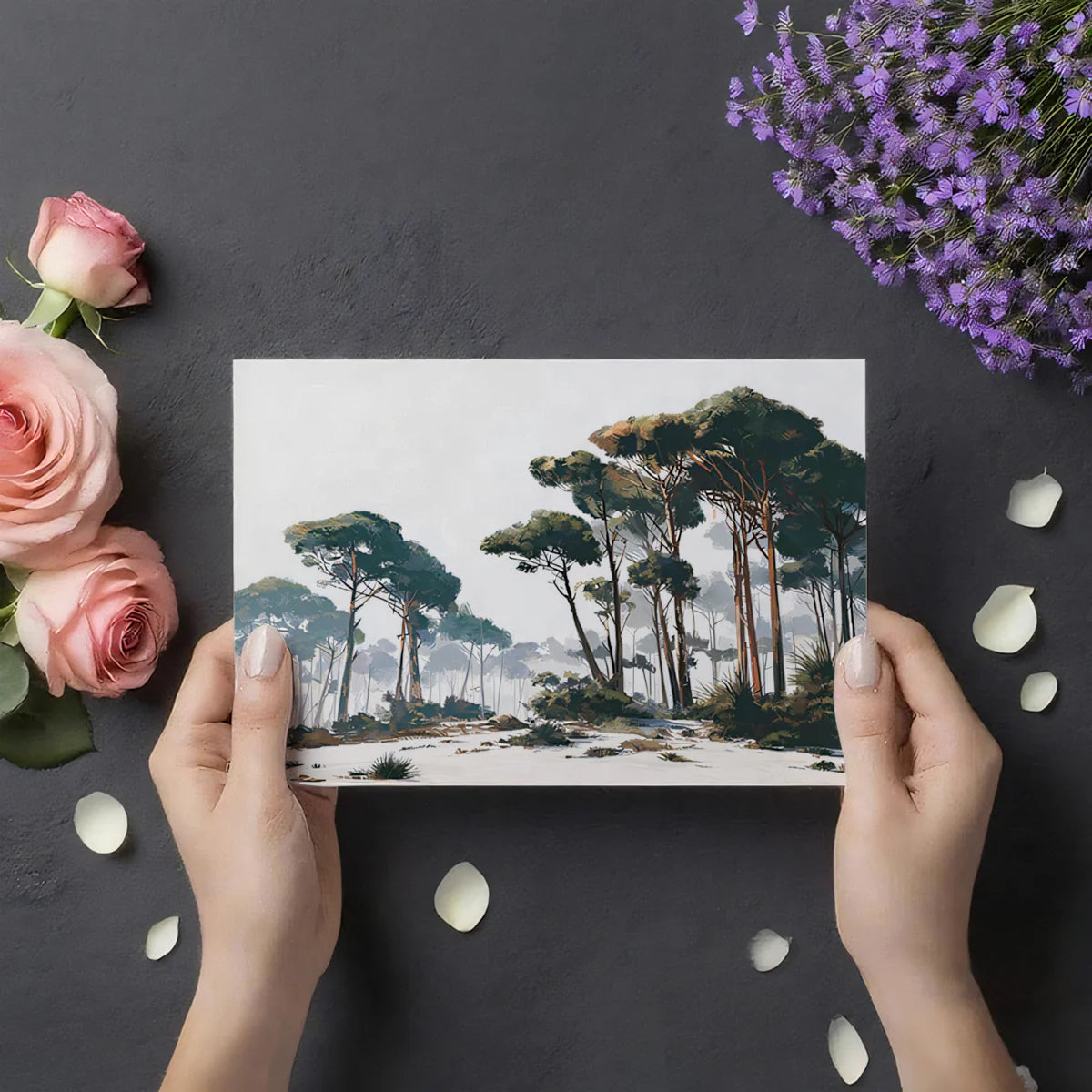 Painterly Pine Forest Mural Wallpaper — Impressionistic Winter Landscape Mural Wallpaper - room preview 03