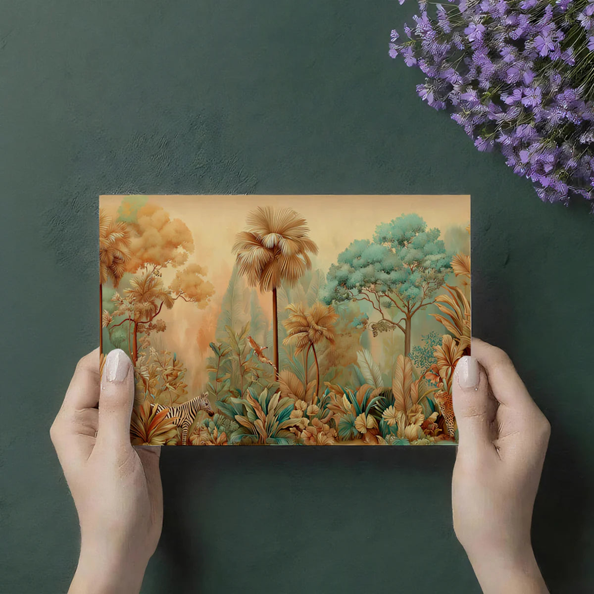 Vintage Tropical Jungle Mural Wallpaper — Sepia and Teal Motif Mural Wallpaper - room preview 03