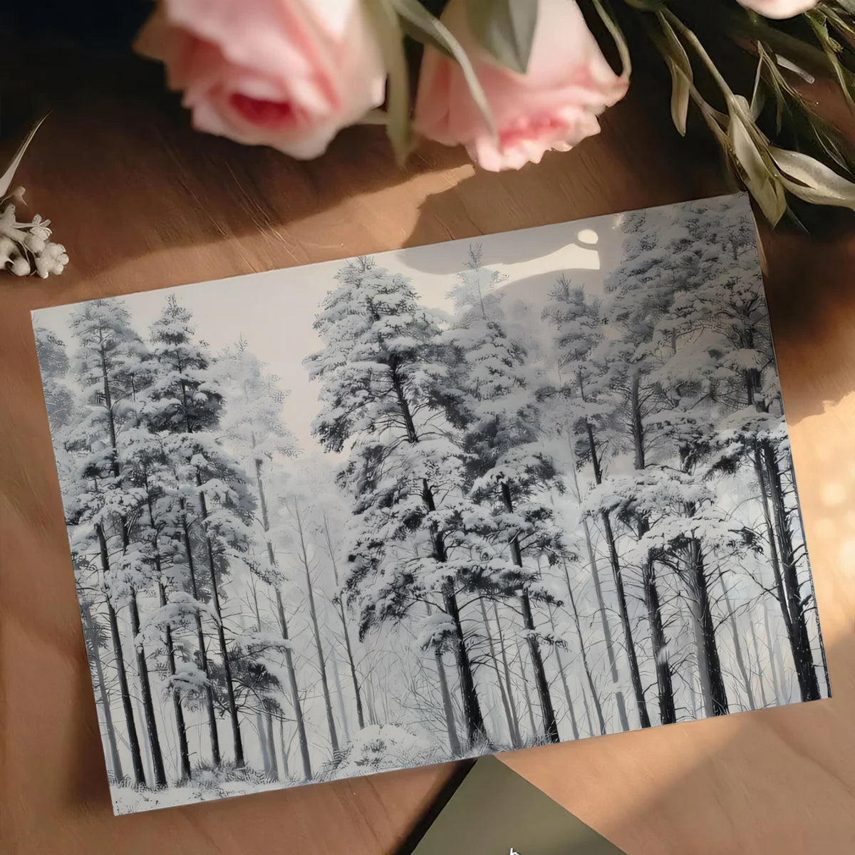 Snowy Pine Forest Mural Wallpaper — Monochrome Winter Landscape Mural Wallpaper - room preview 03