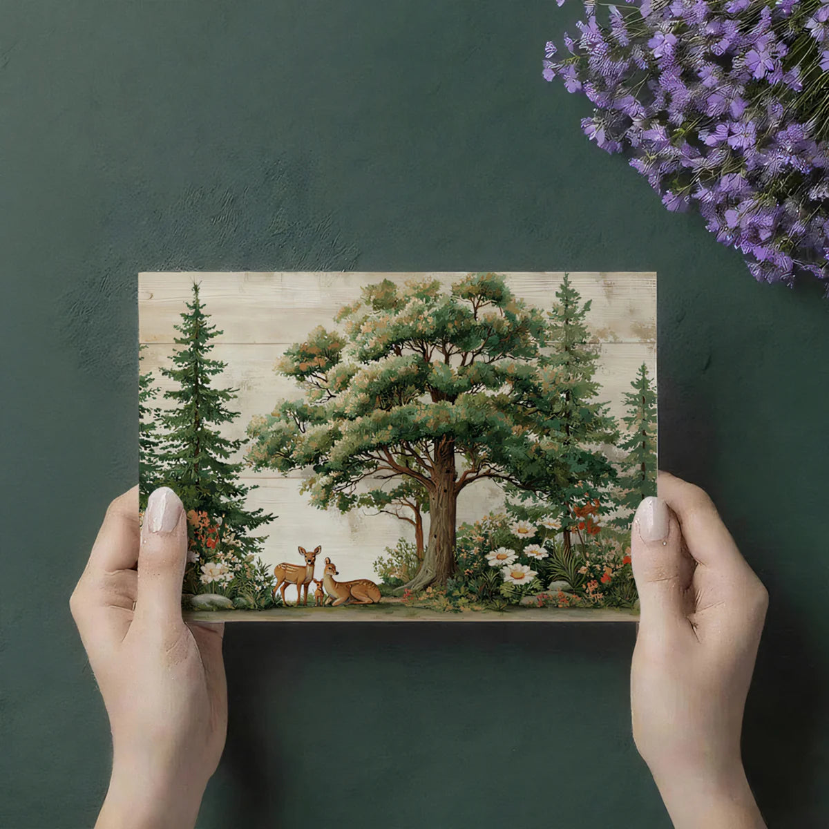 Rustic Deer and Woodland Forest Mural Wallpaper —Vintage Style Mural Wallpaper - room preview 03