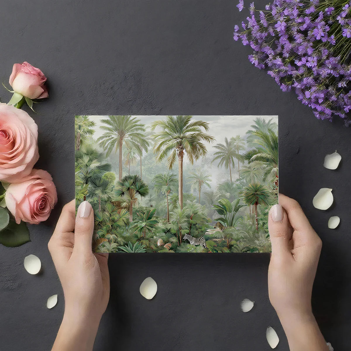 Jungle Oasis Mural Wallpaper — Misty Palm and Wildlife Scene Mural Wallpaper - room preview 03