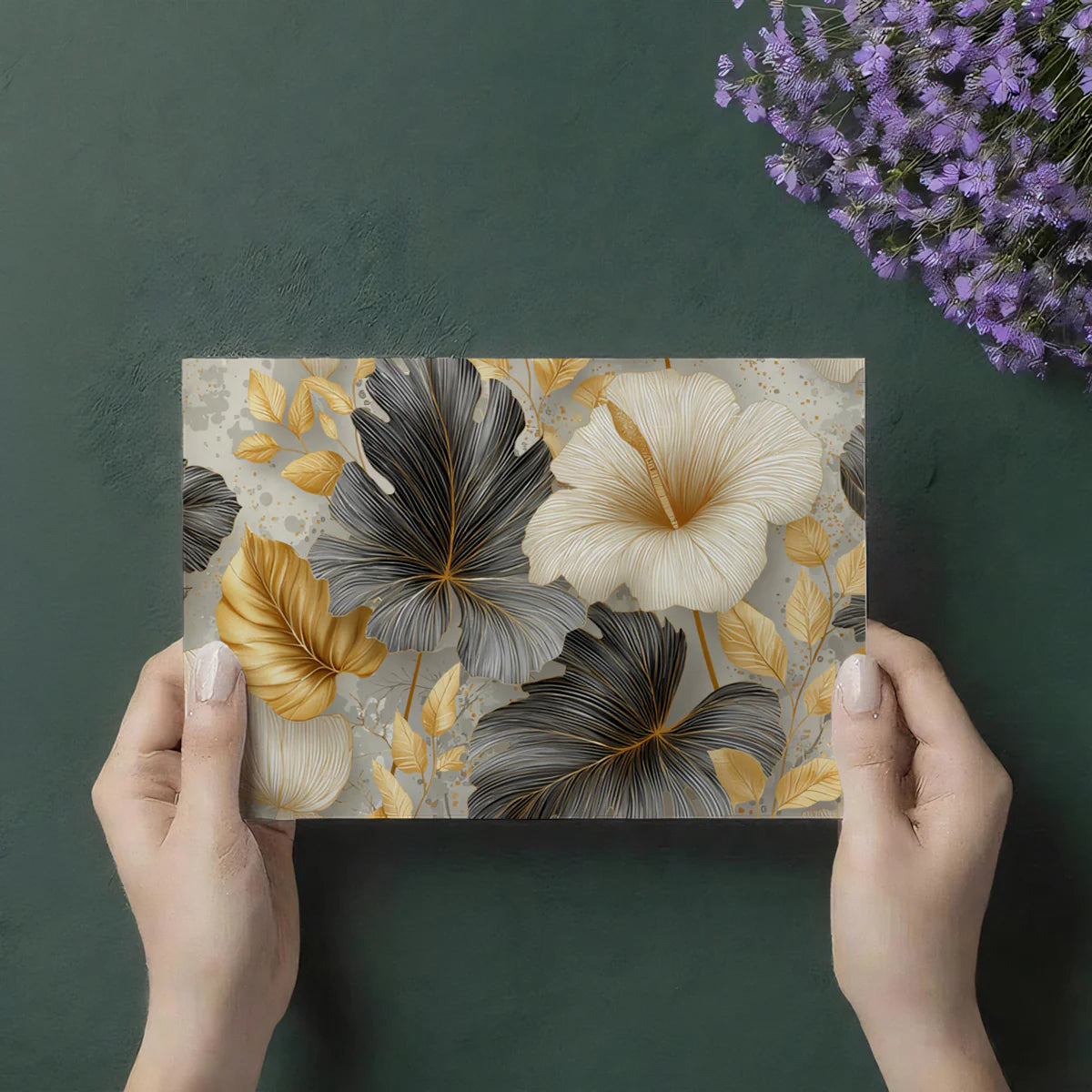 Gilded Tropical Floral Mural Wallpaper — Modern Metallic Leaf Decor Mural Wallpaper - room preview 03
