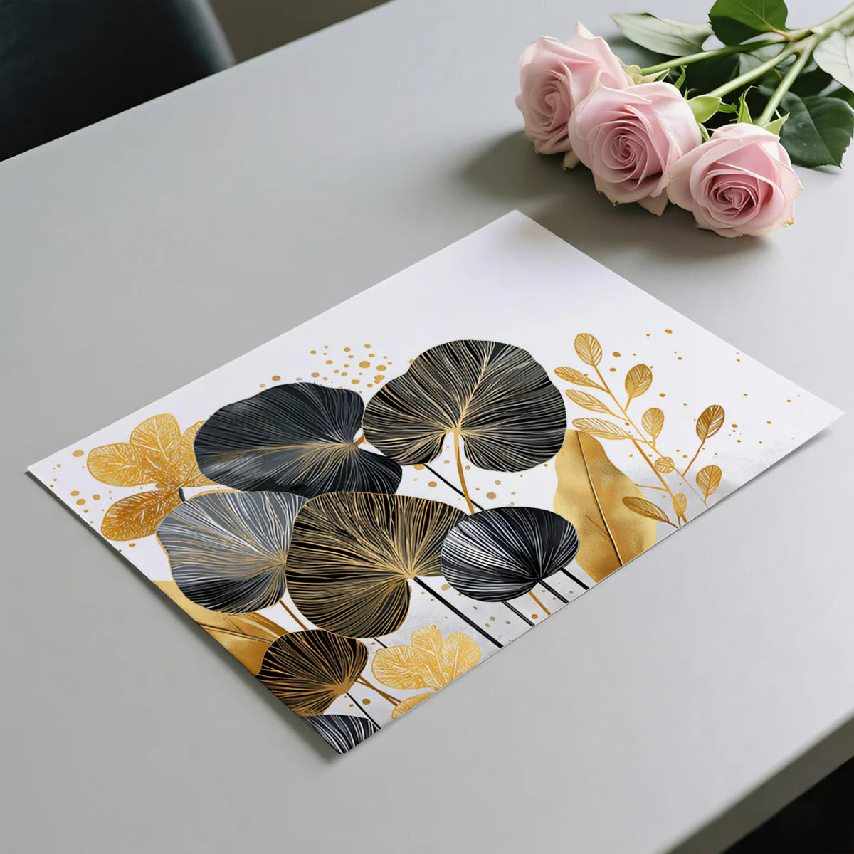 Gilded Botanical Leaf Mural Wallpaper — Modern Gold and Charcoal Mural Wallpaper - room preview 03