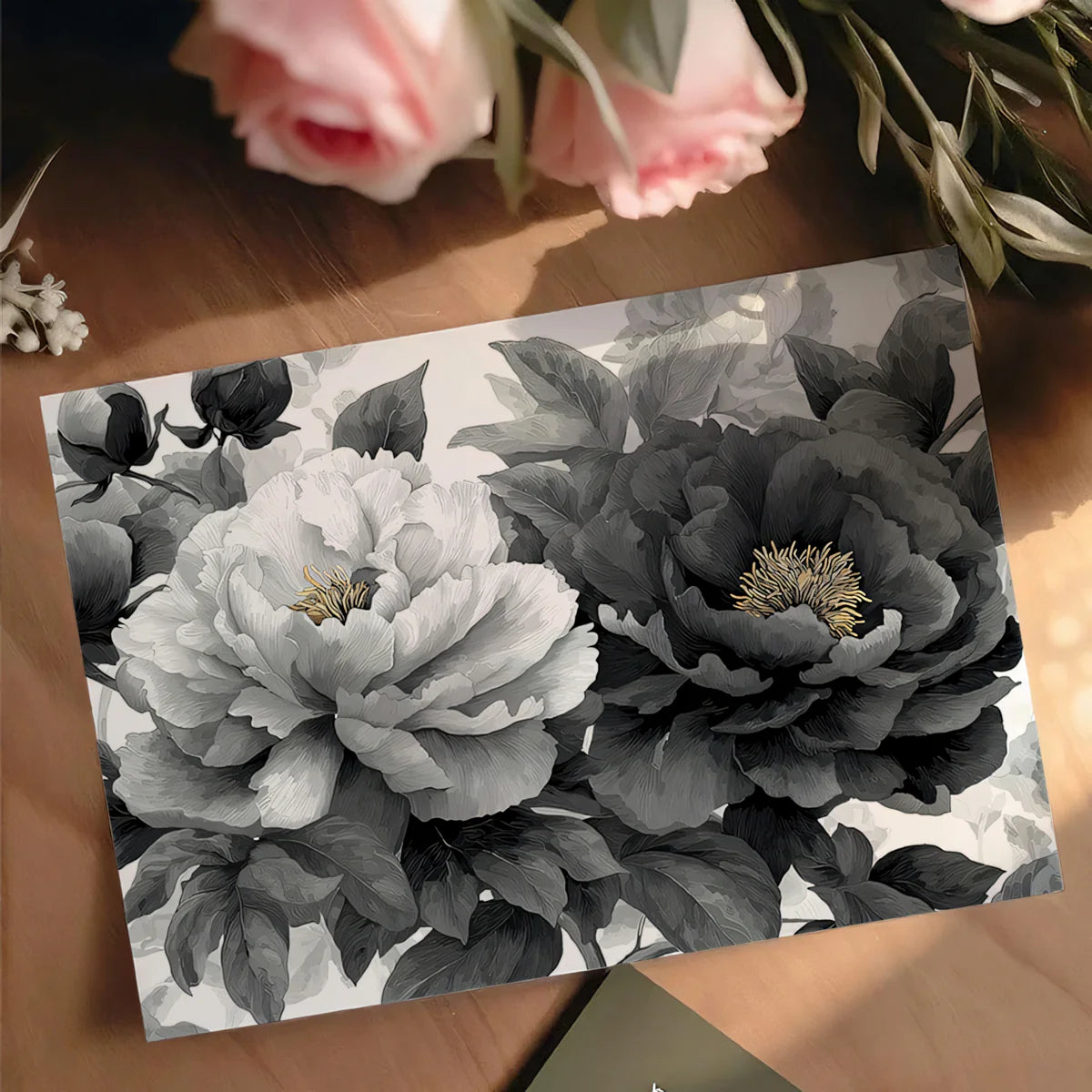Monochrome Peony Floral Mural Wallpaper — Elegant Black and White Mural Wallpaper - room preview 03