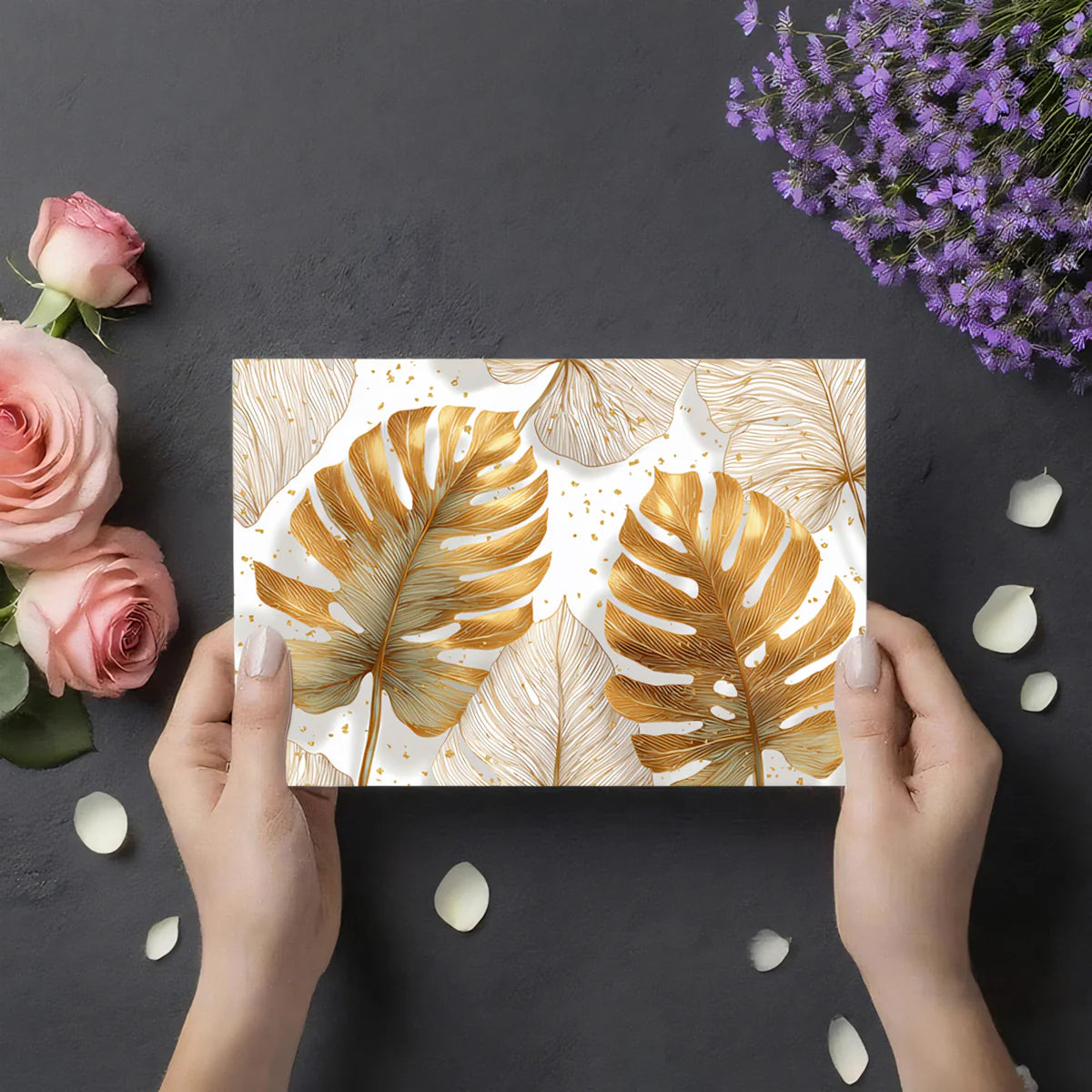 Gilded Monstera Leaf Mural Wallpaper — Modern Foliage Design Mural Wallpaper - room preview 03