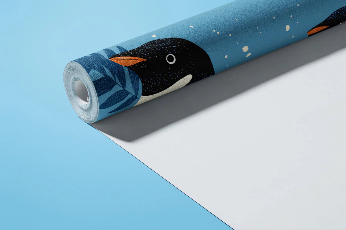 Adelie Penguin Duo Mural Wallpaper — Whimsical Blue Botanical Mural Wallpaper - room preview 03