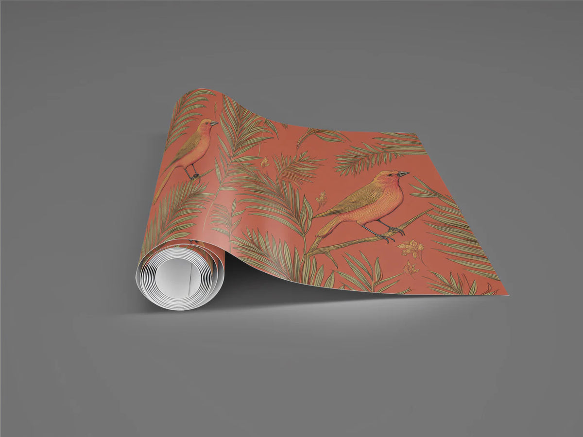 Classic Tropical Birds Mural Wallpaper Warm Coral & Green Print Mural Wallpaper - room preview 03