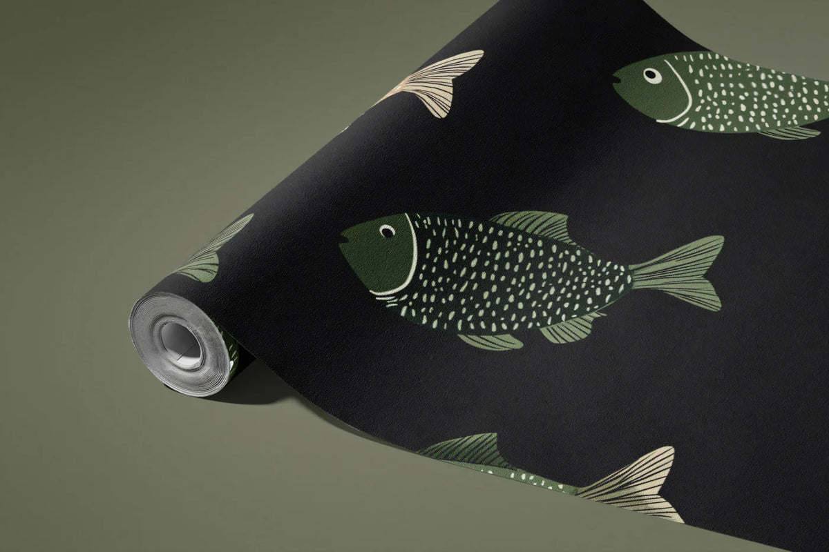 Stylish Fish Pattern Mural Wallpaper Modern Black & White Sea Life Mural Wallpaper - room preview 03