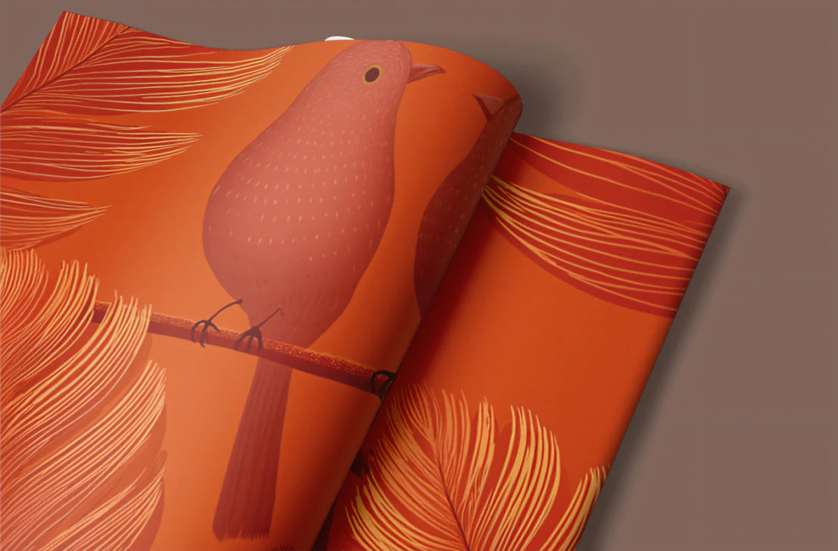 Rust Botanical Feather Mural Wallpaper with Perched Songbirds Mural Wallpaper - room preview 03