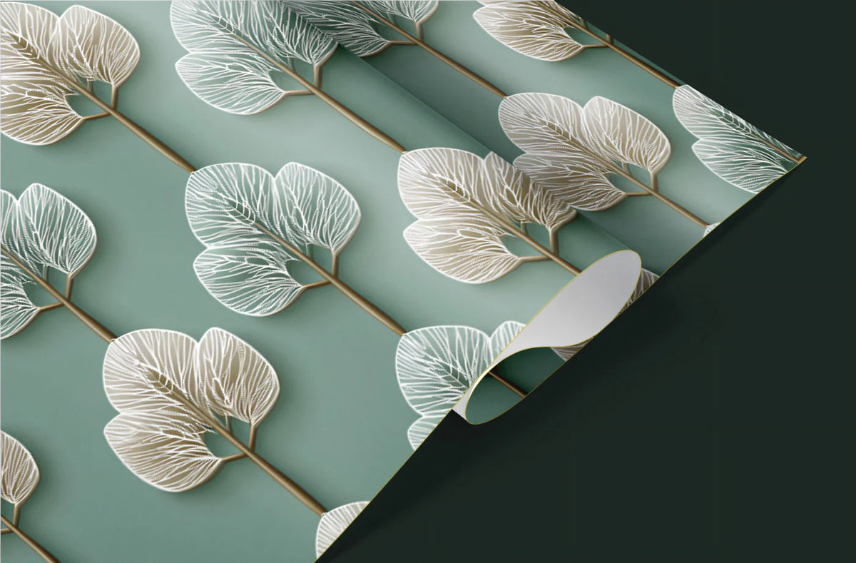 Stylized Botanical Mural Wallpaper — Teal Leaf Grid Pattern Mural Wallpaper - room preview 03