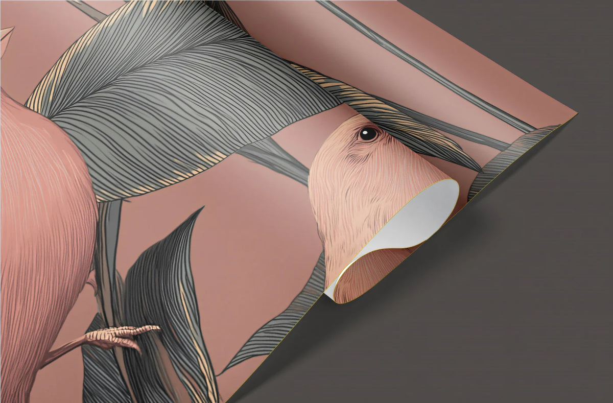 Birds and Foliage Botanical Mural Wallpaper in Dusty Rose Mural Wallpaper - room preview 03