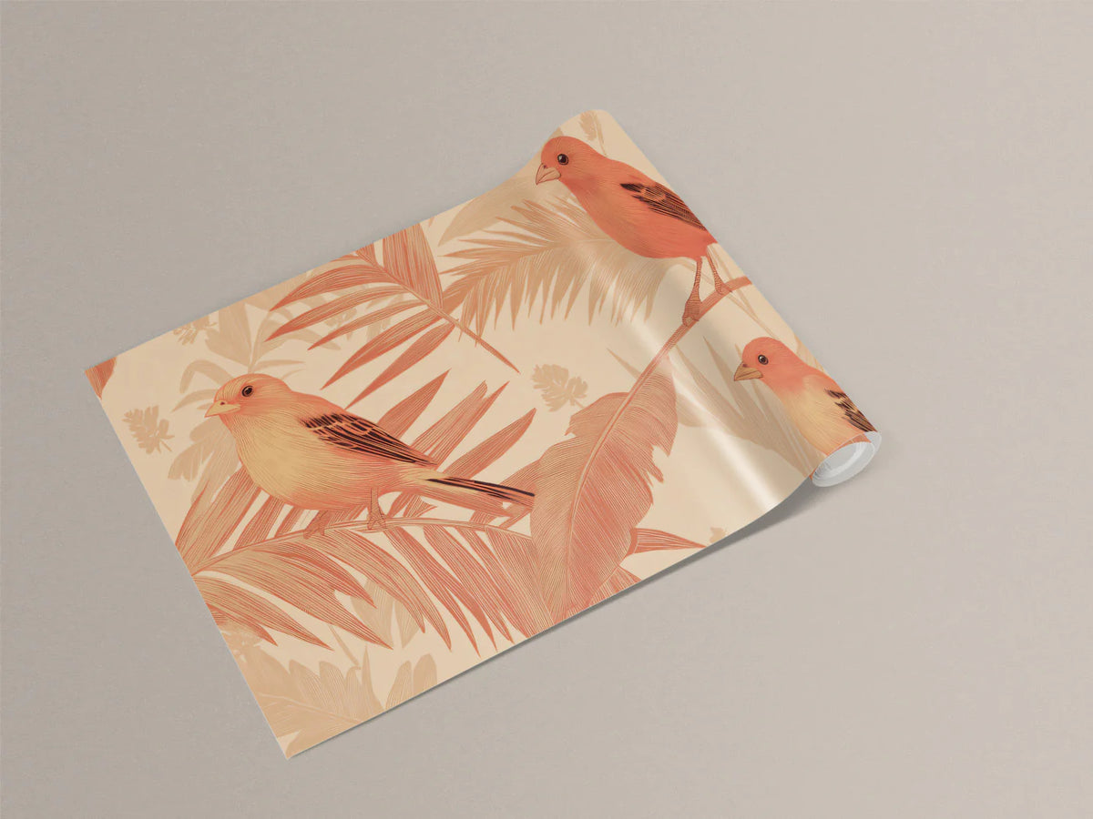 Classic Tropical Birds Mural Wallpaper Warm Coral & Green Print Mural Wallpaper - room preview 03