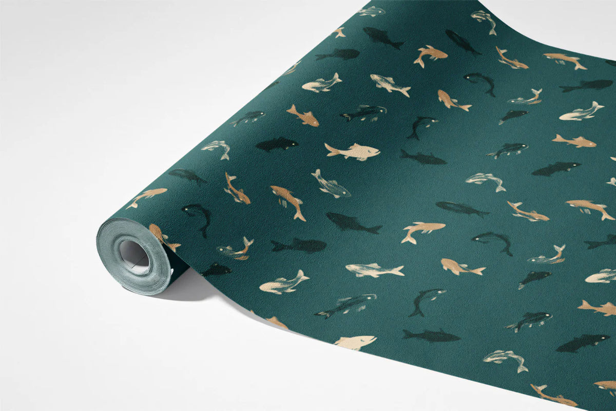 Abstract Shoal Fish Mural Wallpaper — Modern Deep Teal Marine Print Mural Wallpaper - room preview 03