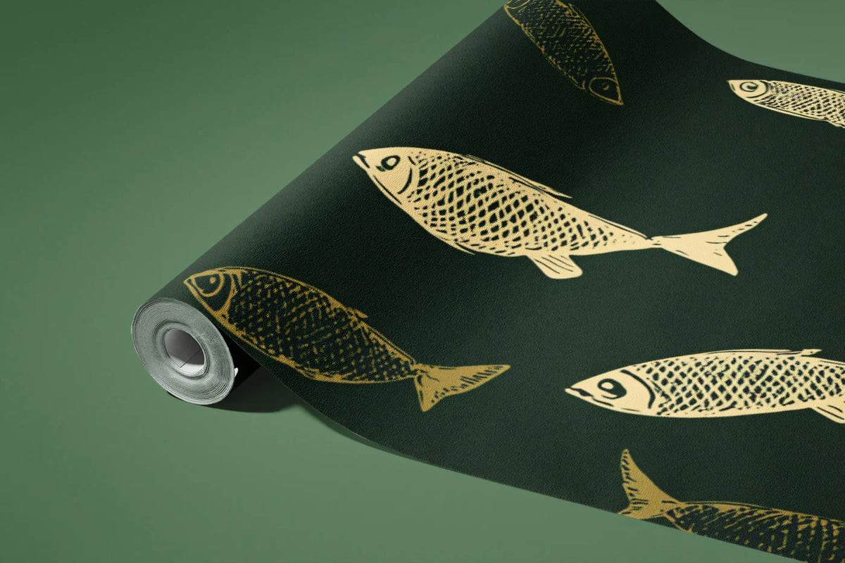 Vintage Fish Sketch Mural Wallpaper —Deep Green Nautical Design Mural Wallpaper - room preview 03