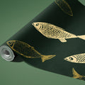 Vintage Fish Sketch Mural Wallpaper —Deep Green Nautical Design Mural Wallpaper - room preview 03