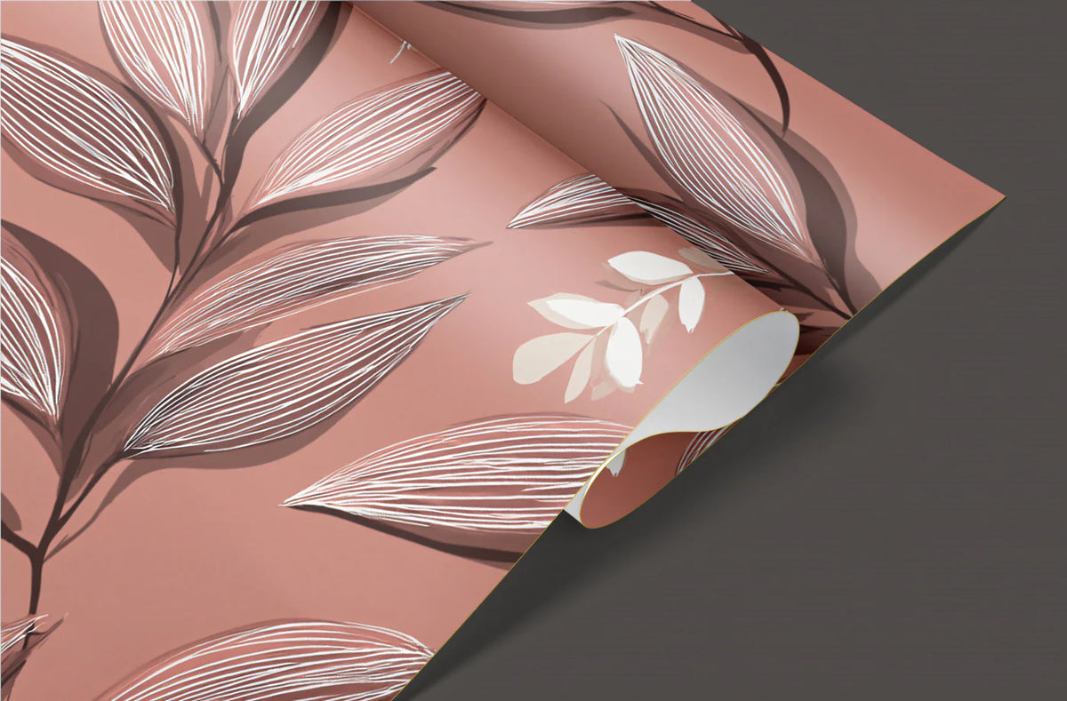 Dusty Rose Botanical Mural Wallpaper with Intricate Leaf Line Art Mural Wallpaper - room preview 03