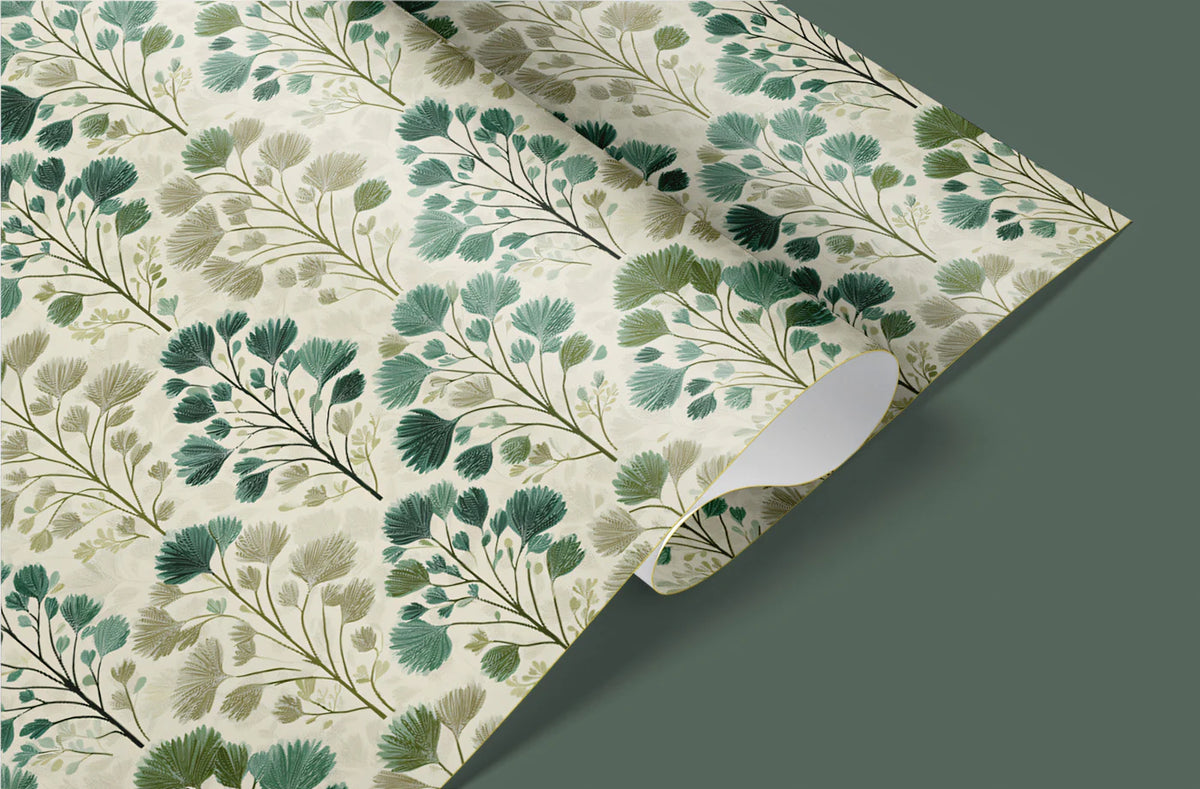 Stylized Botanical Mural Wallpaper — Green and Beige Leaf Pattern Mural Wallpaper - room preview 03