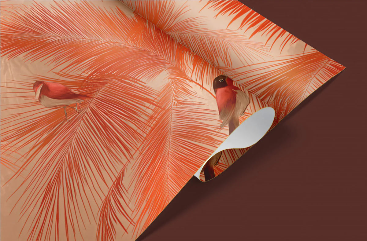 Tropical Palm and Finch Mural Wallpaper — Sunset Coral Palette Mural Wallpaper - room preview 03