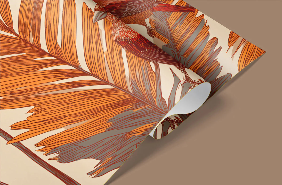 Rust Tropical Bird Mural Wallpaper — Warm Botanical Design Mural Wallpaper - room preview 03