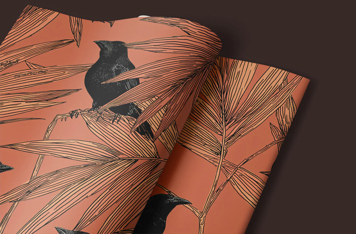 Birds and Bamboo Mural Wallpaper — Modern Terracotta and Black Mural Wallpaper - room preview 03