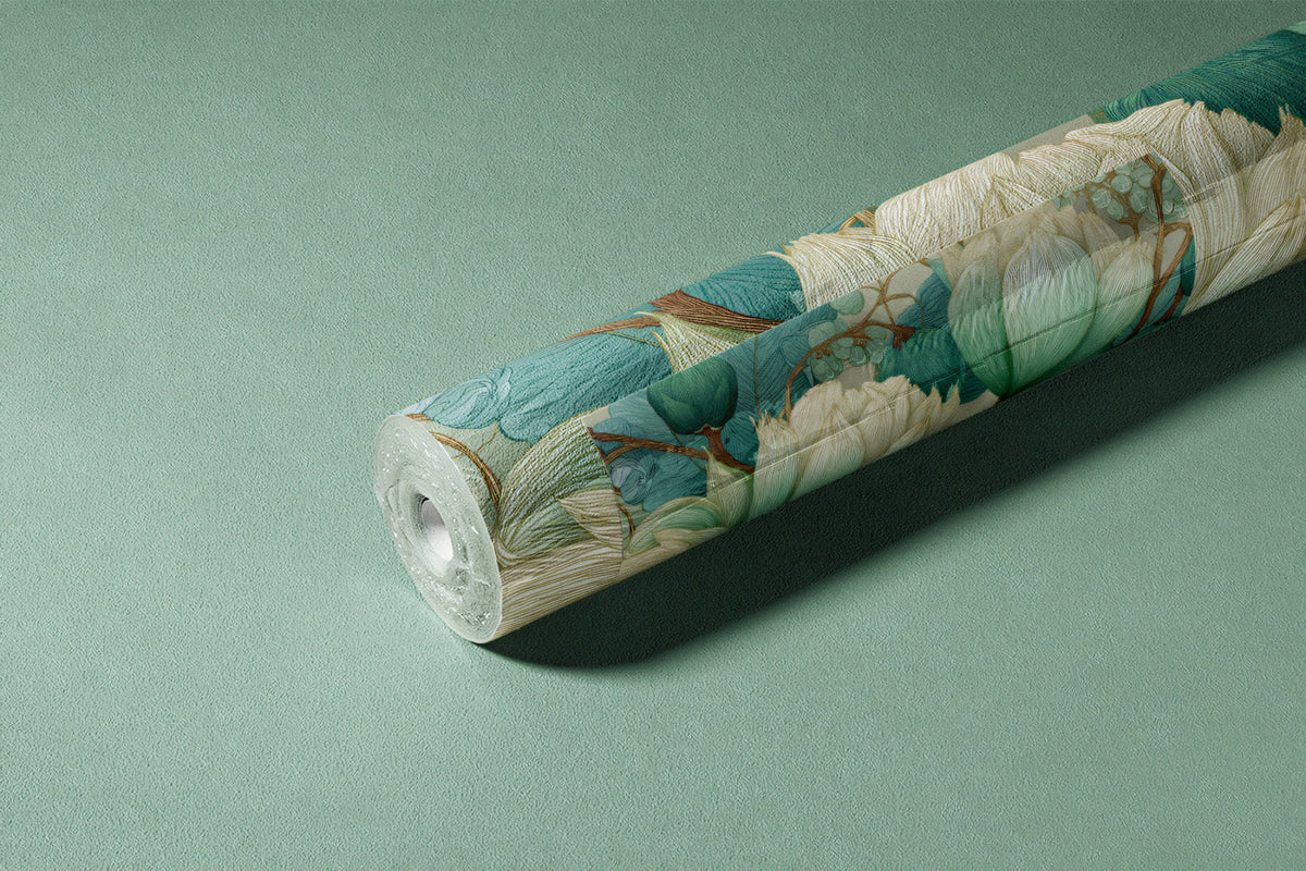 Botanical Lotus Line Art Mural Wallpaper — Soft Teal and Cream Mural Wallpaper - room preview 03