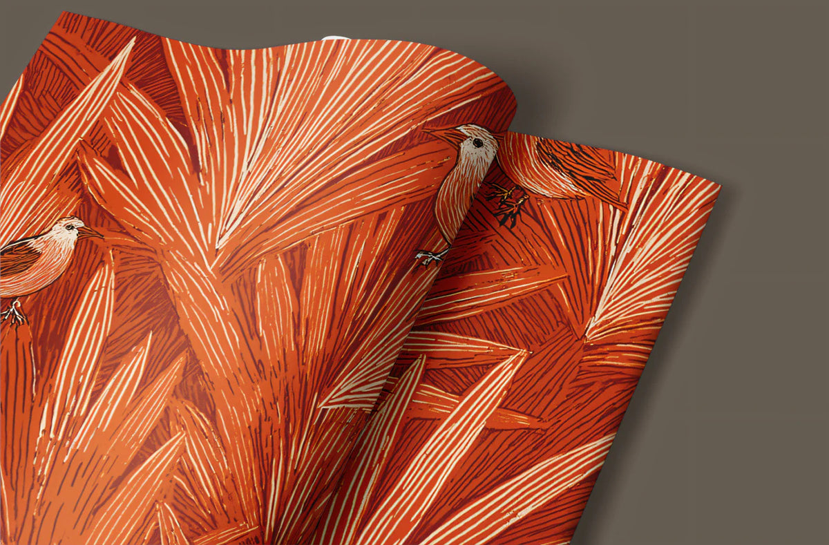 Rust Tropical Birds Mural Wallpaper — Bohemian Botanical Art Mural Wallpaper - room preview 03