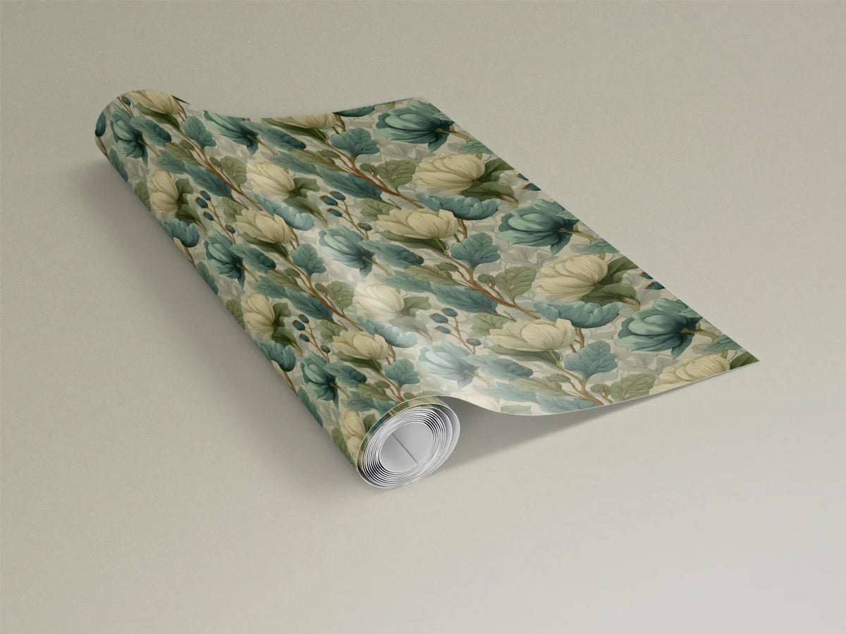 Vintage Botanical Floral Mural Wallpaper in Dusty Teal and Cream Mural Wallpaper - room preview 03