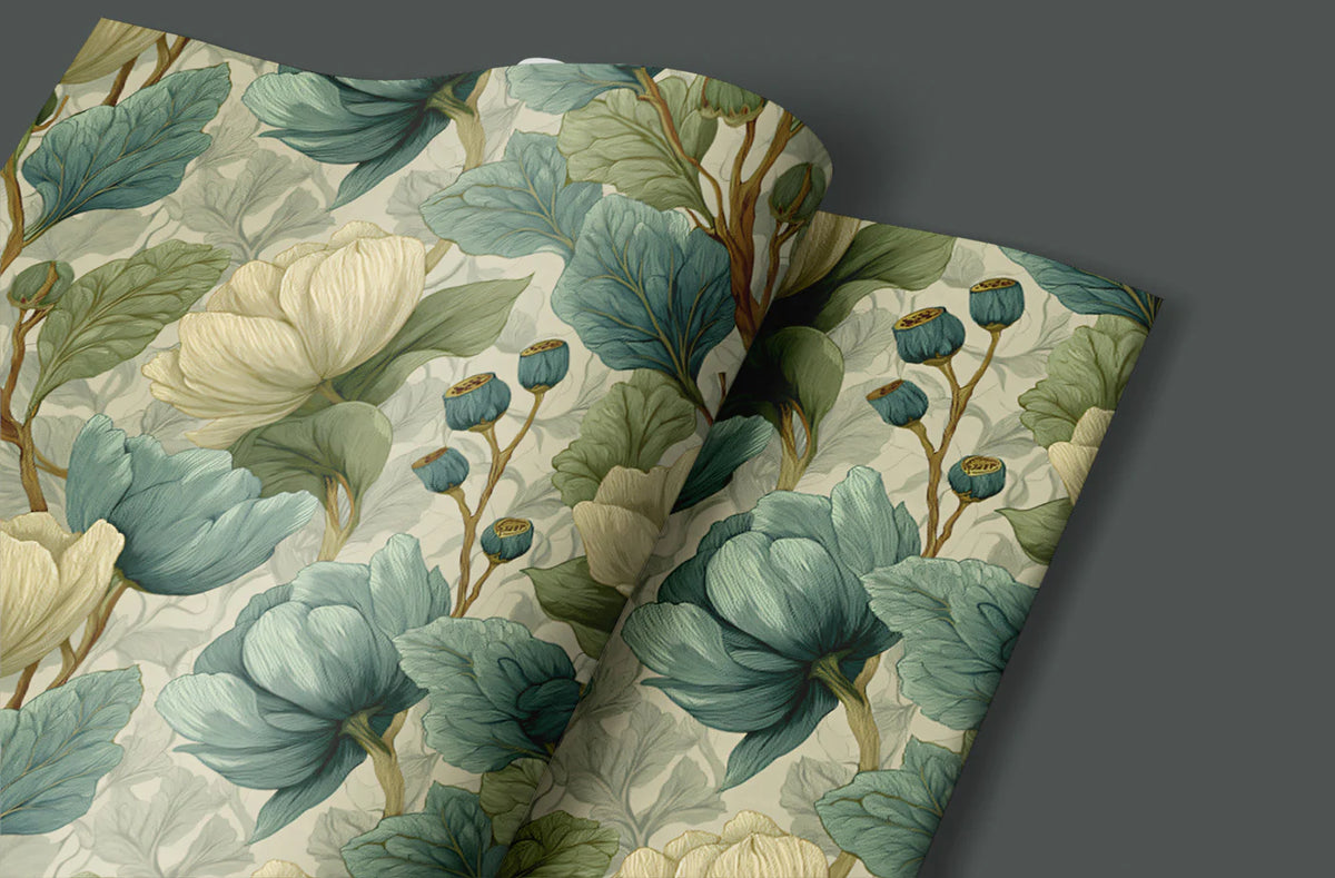 Vintage Botanical Mural Wallpaper — Cream and Dusty Teal Floral Mural Wallpaper - room preview 03