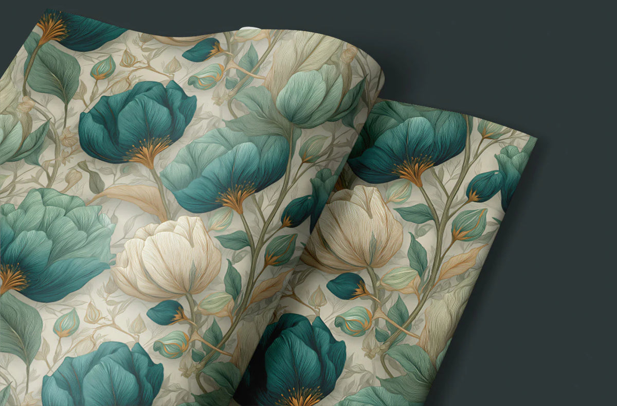 Teal and Cream Botanical Mural Wallpaper — Vintage Floral Style Mural Wallpaper - room preview 03