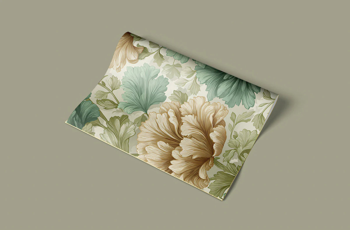 Vintage Peony Botanical Mural Wallpaper — Sage and Ochre Mural Wallpaper - room preview 03
