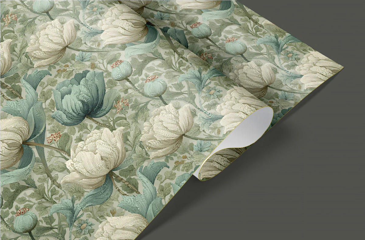 Vintage Peony Botanical Mural Wallpaper in Sage and Cream Mural Wallpaper - room preview 03