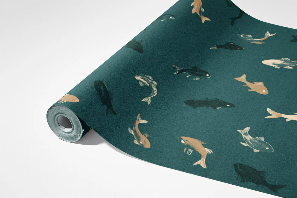 Minimalist Fish Mural Wallpaper — Deep Teal Aquatic Pattern Mural Wallpaper - room preview 03