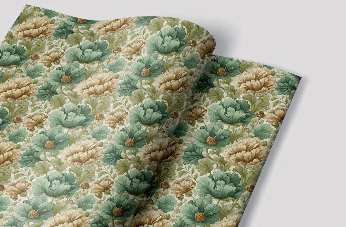 Vintage Botanical Floral Mural Wallpaper —Sage and Ochre Mural Wallpaper - room preview 03