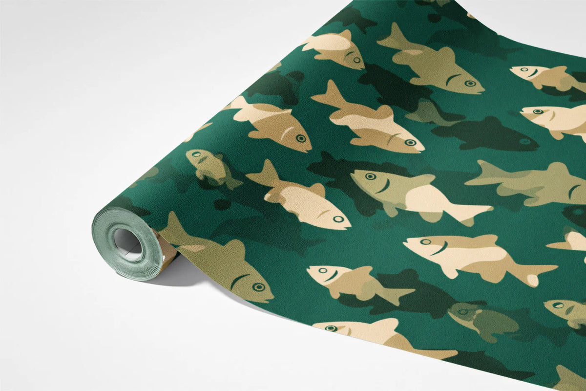Minimalist School of Fish Mural Wallpaper in Teal and Sand Mural Wallpaper - room preview 03