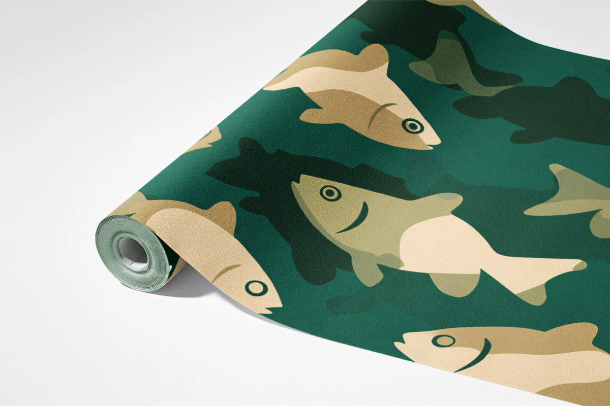 Graphic Fish Pattern Mural Wallpaper — Deep Teal and Sand Beige Mural Wallpaper - room preview 03