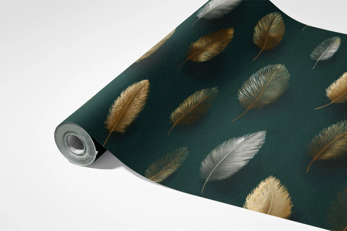 Floating Feather Mural Wallpaper — Modern Metallic Gold and Silver Mural Wallpaper - room preview 03