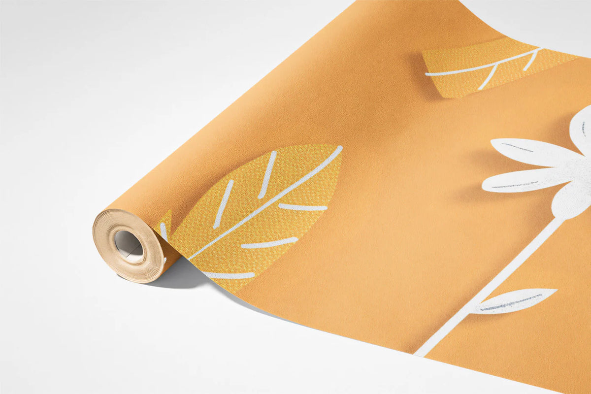 Modern Floral Mural Wallpaper Graphic Orange & White Print Mural Wallpaper - room preview 03