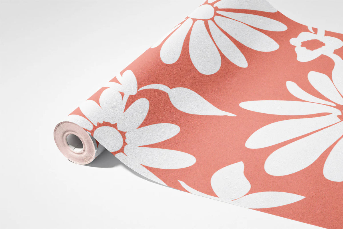 Retro Daisy Floral Mural Wallpaper —Bright Coral and White Mural Wallpaper - room preview 03
