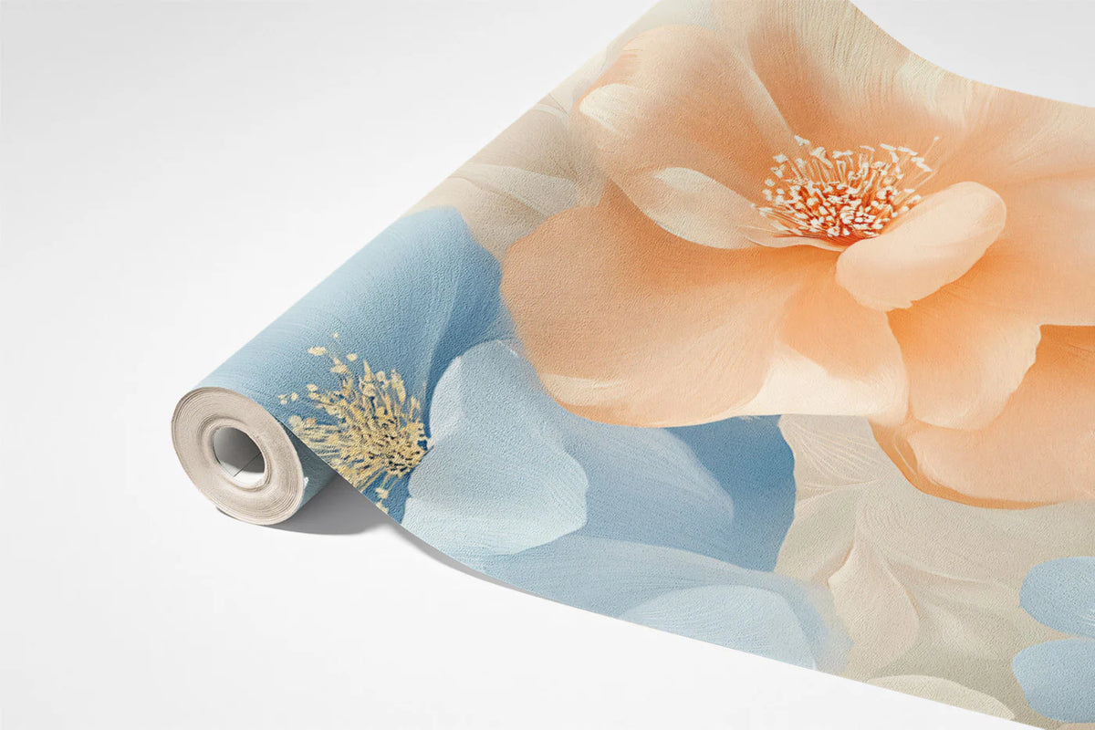 Blossom Bloom Mural Wallpaper — Soft Peach and Sky Blue Floral Mural Wallpaper - room preview 03
